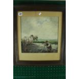 Framed watercolour of a Ploughing scene signed E Down, Framed and Mounted. 30 x 29cm.