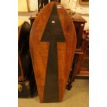 1950/60?s bodyboard in contrasting wood and decorated with large arrow motif, 122cm in Length