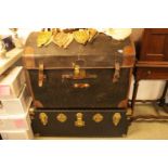 Edwardian Domed Canvas Trunk with brass and leather fittings and a Later Rectangular trunk