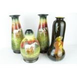Set of 3 Late 19thC S F & Co of England Soleilian Horse decorated vases and a Royal Guelph glazed