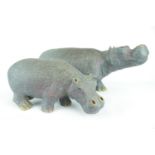 2 Studio Pottery Hippos of mottled matt glaze, signed to base dated 2011, 37cm and 25cm in Length.