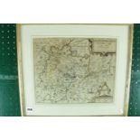 18thC Map of Huntingdon by Christopher Saxton and William Kip, Framed and mounted. 34 x 28cm.