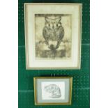 Angela Stones (1914-1995), Pencil sketch of a Cat and Pastel of a Tawny Owl, both signed in Pencil