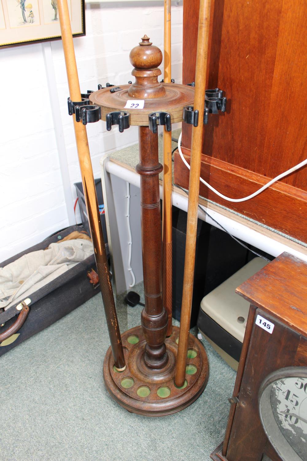 Vintage Circular Mahogany Snooker Cue stand of turned form, with early plastic cue holders to