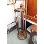 Vintage Circular Mahogany Snooker Cue stand of turned form, with early plastic cue holders to