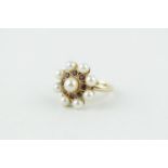 A Impressive 9ct Gold European style Pearl and Garnet dress ring 8.9g, Size N