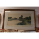 F G Fraser, Framed watercolour of a river scene towards thatched cottage, 48 x 24