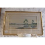 F G Fraser framed watercolour of a river scene, 36 x 17cm