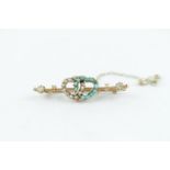 MURRLE BENNETT & Co 9ct Gold Turquoise and Seed pearl set intertwined heart bar brooch, 2.6g total