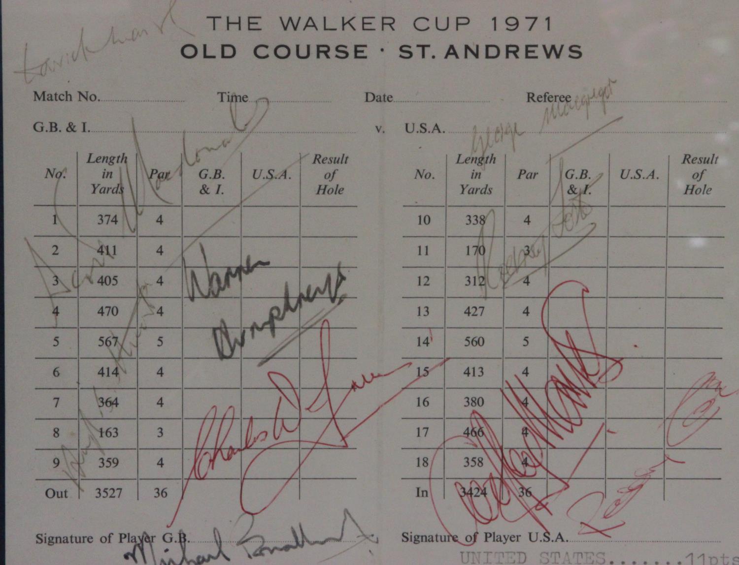 A rare 1971 Walker Cup scorecard signed by the entire Great Britain & Ireland team. The signatures - Image 3 of 5