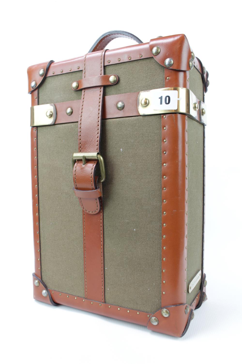 Ralph Lauren Double Wine caddy of Canvas Green case bound by Tobacco Leather strapping with brass