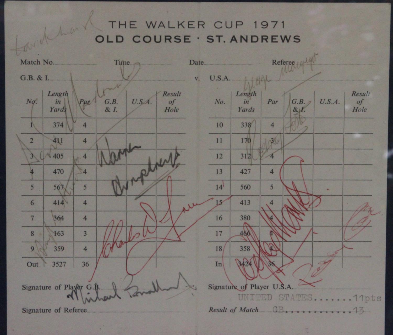 A rare 1971 Walker Cup scorecard signed by the entire Great Britain & Ireland team. The signatures - Image 2 of 5