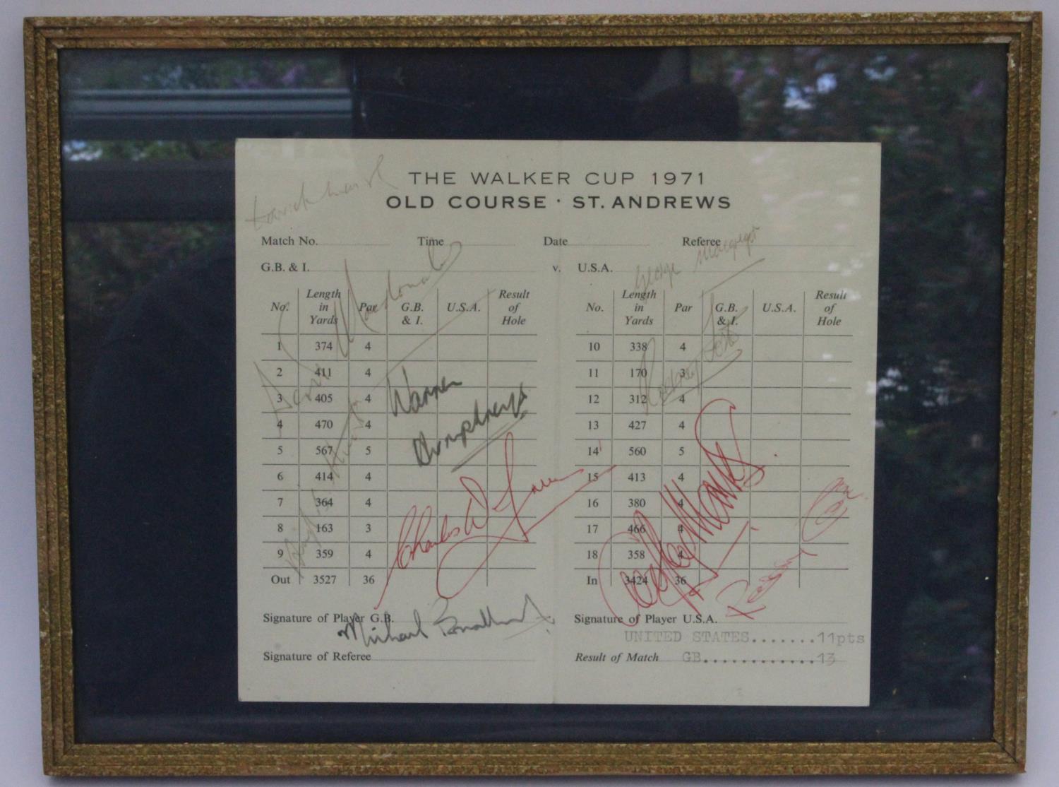 A rare 1971 Walker Cup scorecard signed by the entire Great Britain & Ireland team. The signatures