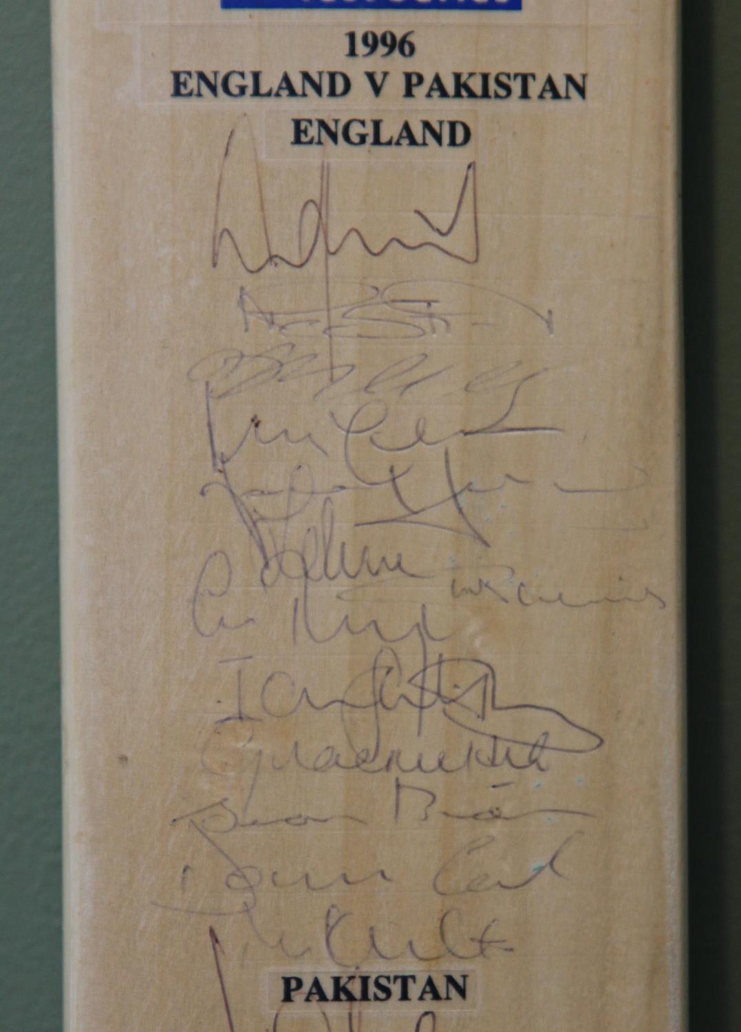 A full size Duncan Fearnley bat hand signed by the England & Pakistan teams at the 1996 Test Series. - Image 3 of 4