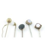 Collection of 5 9ct and other 19thC and later Opal and Intaglio panel set Stick pins