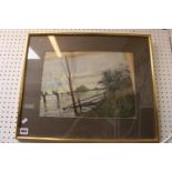 Framed and Mounted watercolour of a Flooded scene unsigned in the manner of F G Fraser