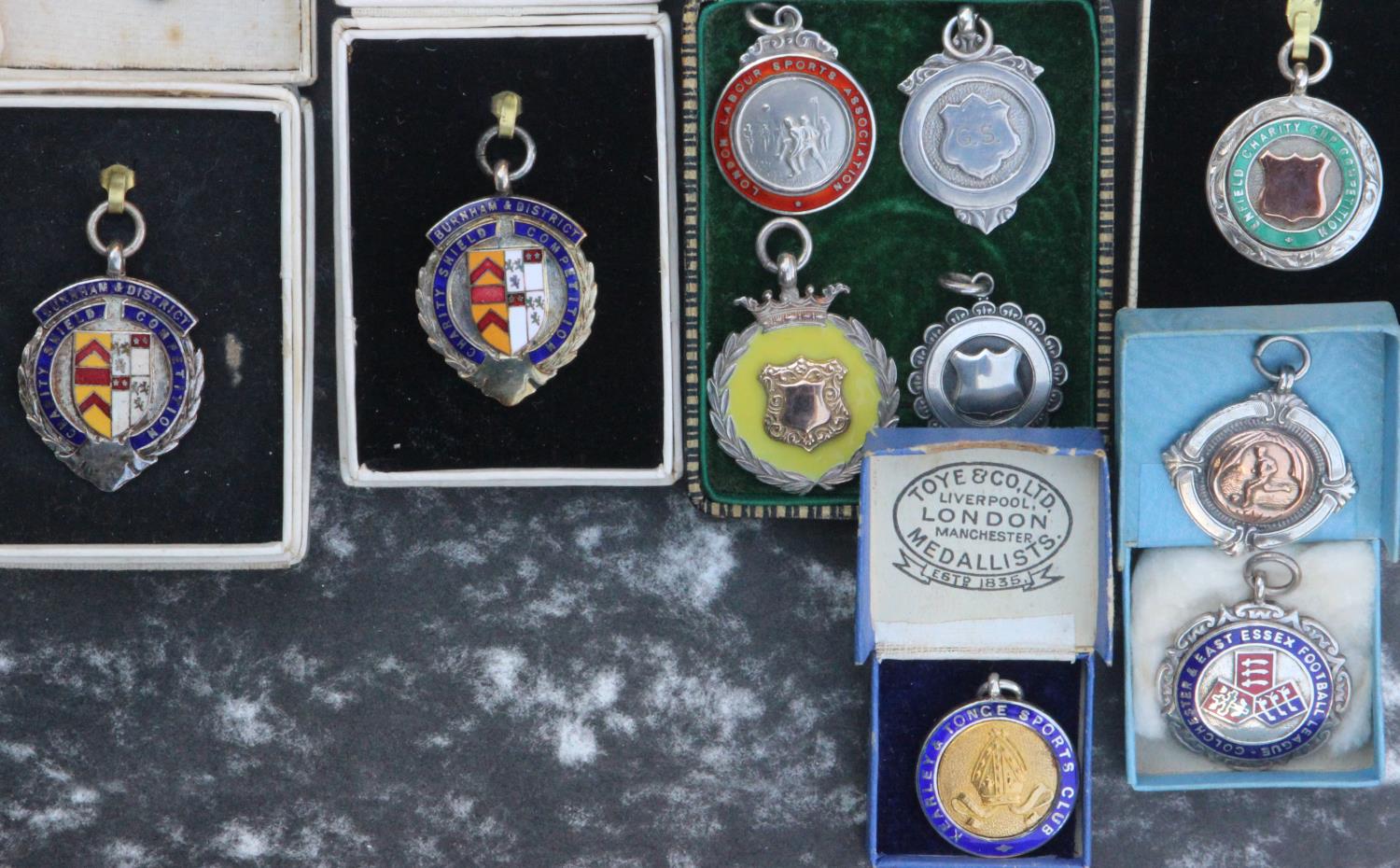 Eighteen Silver and Enamel Medals From 1930's Onwards Many in Original Box: Burnham & District - Image 2 of 3