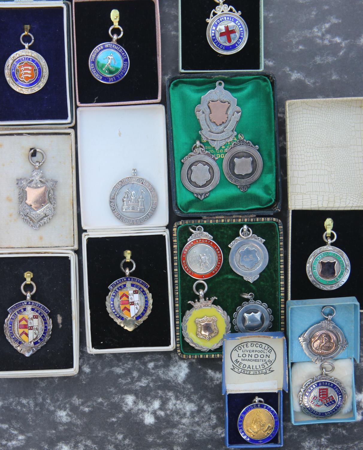 Eighteen Silver and Enamel Medals From 1930's Onwards Many in Original Box: Burnham & District