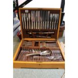 Oak cased Mid 20thC Canteen of Silver plated Cutlery. Condition - Some damage to case