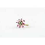 Ladies 9ct Gold Rubover set Green Spinel with Pink Spinel petals, 5g total weight. Size O