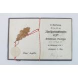 Hitler Youth Sports Presentation Acorn leaf Presentation for Albert Schutte dated 1937 with ribbon