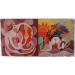 Two Surrealist Oil on Board Paintings, "Dancing Girl with Tambourine Jan 1998" measures 41cm by