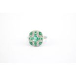 Ladies Platinum Art Deco Style Emerald and Diamond Cluster ring with Pave set Emeralds surrounded by