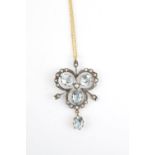 Edwardian Style Blue Topaz and Diamond on Silver set drop pendant with 9ct Gold Chain 4.8g total