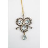 Edwardian Style Blue Topaz and Diamond on Silver set drop pendant with 9ct Gold Chain 4.8g total