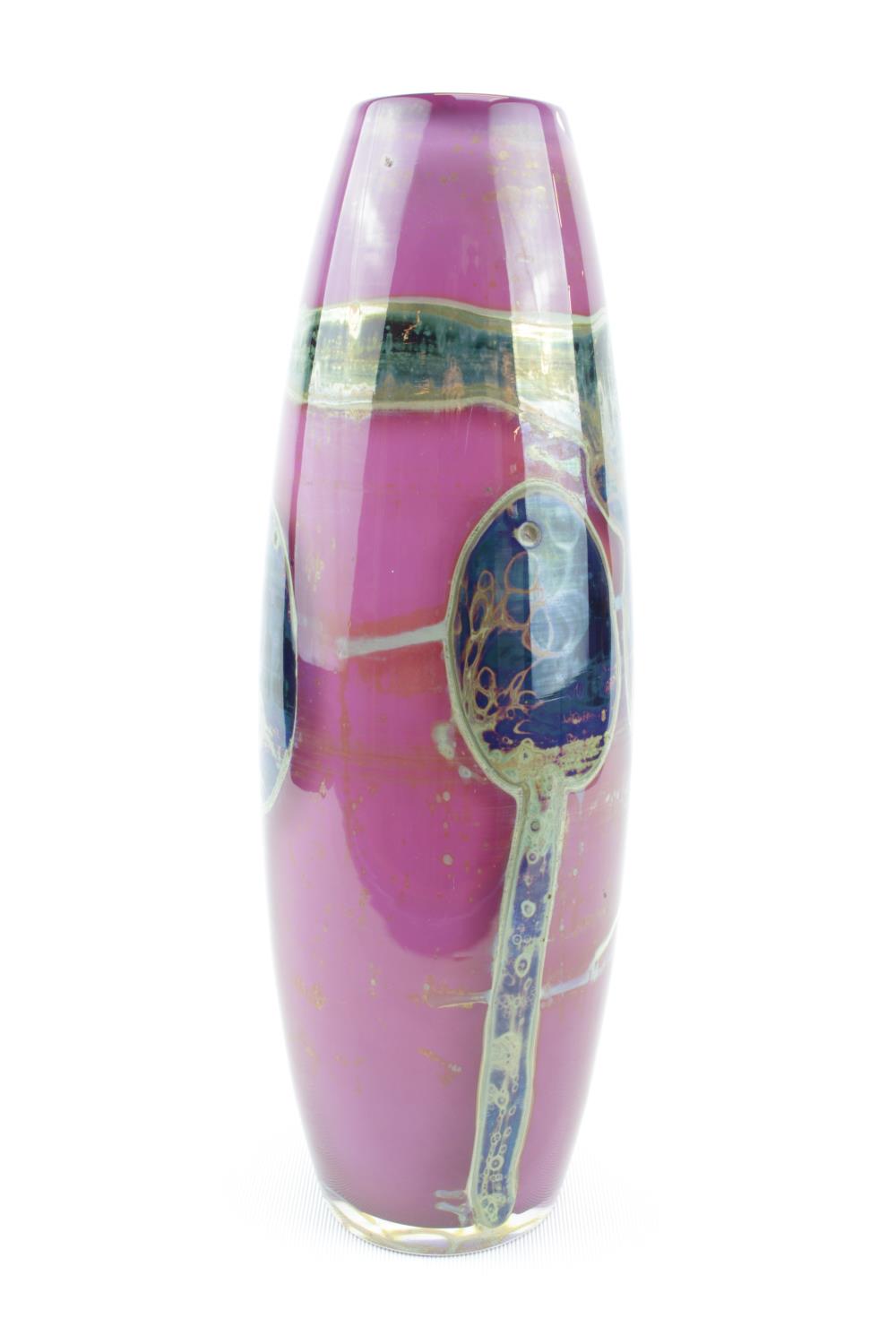 A Val Saint Lambert tapered cylindrical vase, designed by Samuel J. Herman, decorated in maroon