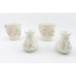 Pair of 3rd Period Belleek basket weave pots with applied floral decoration 9cm and a Pair of