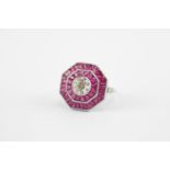 Art Deco style Platinum Ring set with Ruby & Diamonds with a Central Old cut diamond 1.00ct H/I Si