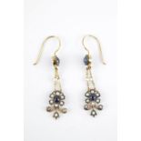 Pair of French Style Cabochon Sapphire, seed pearl and Diamond set drop earrings on yellow metal