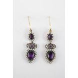 Pair of Good quality Edwardian Style Oval Amethyst, Diamond and Seed Pearl drop earrings on yellow