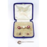 Interesting Swiss Yellow metal Bar Brooch set with Cultured Claw set Pearl, Flanked by Red Cut