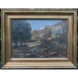 English School Woodland Study Oil on Board. Unsigned. Gilt frame. Painting measures 27.5cm by 18cm.