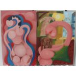 Two Surrealist Oil on Board Paintings, "Woman in Pink & Blue 28th April 1988" measures 32cm by 51cm;