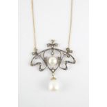 Ladies Baroque style Ribbon pendant set with Seed pearls and Diamonds with central cultured pearl,