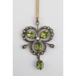 Edwardian Style Peridot, Seed Pearl and Diamond on Silver set drop pendant with 9ct Gold Chain 4.