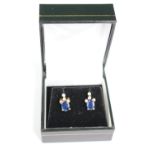 Pair of 18ct Yellow Gold Oval Sapphire and Diamond Set earrings studs, 2 Oval Deep Blue Sapphires