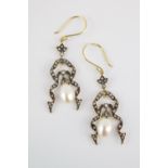 Pair of 9ct Gold Ornate drop earrings set with Diamonds in ribbon drops with Drop Cultured pearls,