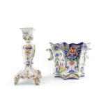 French Rouen Faience Jardinière with brightly coloured floral decoration and a table candlestick