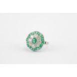 Ladies Platinum Set Emerald and Diamond cluster daisy style ring set with old cut Diamonds 0.95ct