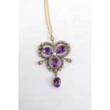 Edwardian Style Amethyst and Diamond on Silver set drop pendant with 9ct Gold Chain 4.8g total