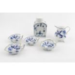 Set of 4 19thC Meissen Onion pattern Leaf shaped Salts of Blue Under-glaze decoration, Meissen