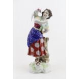 19thC German Hard Paste figure of a Woman with parrot on naturalistic setting, marked R 1762 in