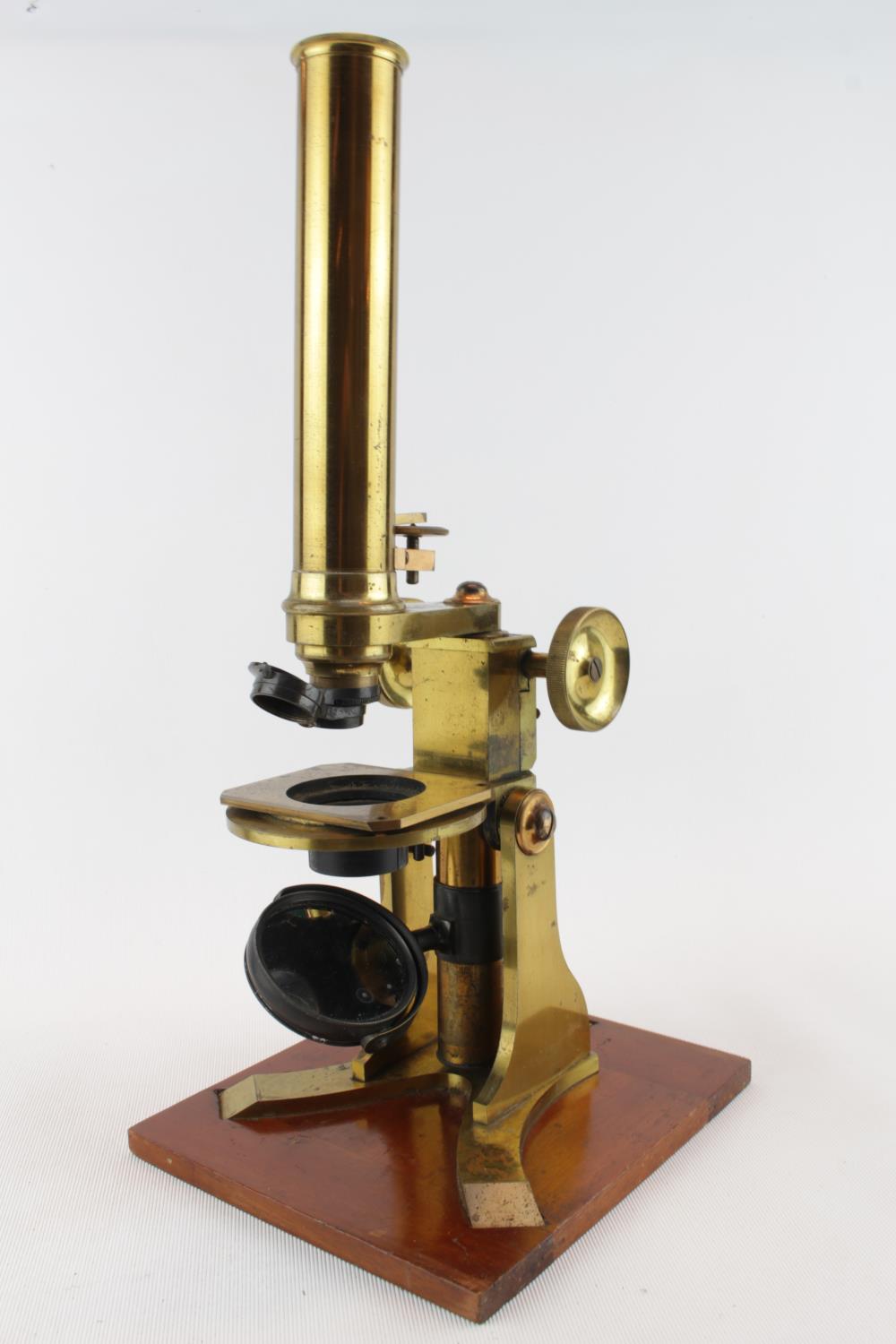 W Biles of London Brass Microscope in fitted Mahogany case with Lenses and accessories