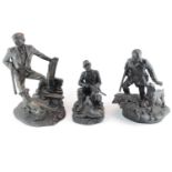 3 Bronzed figurines Heredities 'Taking A Break', 'Game Keeper' and another with Gun Dog. Condition -