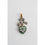 Late Victorian Style Heart Shaped Pendant set with milligrain set Pearls and Emeralds and central