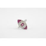 Ladies Platinum Art Deco Style Marquise shaped Ruby and Diamond Cluster ring of central Oval Rub